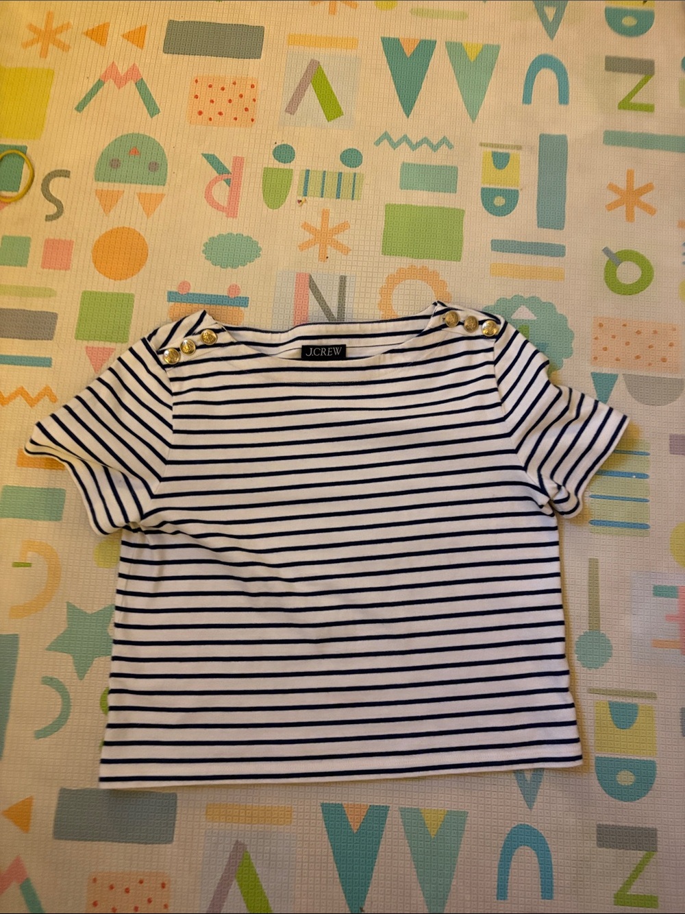 J. Crew White and black Striped Short-Sleeve Tee with Gold Buttons. Small.